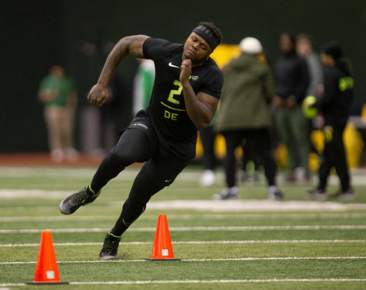 Oregon outside linebacker DJ Johnson at the Ducks' 2023 Pro Day in Eugene.